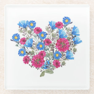 Posavasos De Vidrio Corazón floral de acuarela, arreglo de flores silv