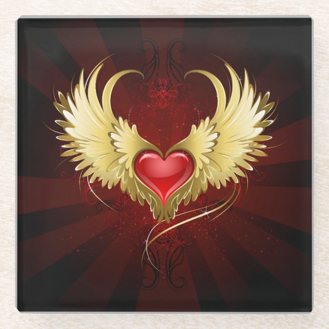 Posavasos De Vidrio Corazón Rojo con Alas Doradas (Anverso)