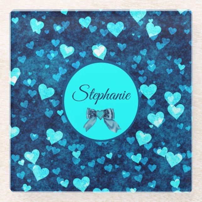 Posavasos De Vidrio Corazones azules vivos (Anverso)