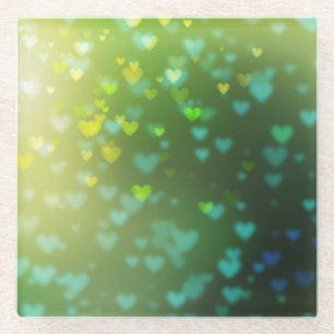 Posavasos De Vidrio Corazones Bokeh Verdes Día de San Valentín Primave