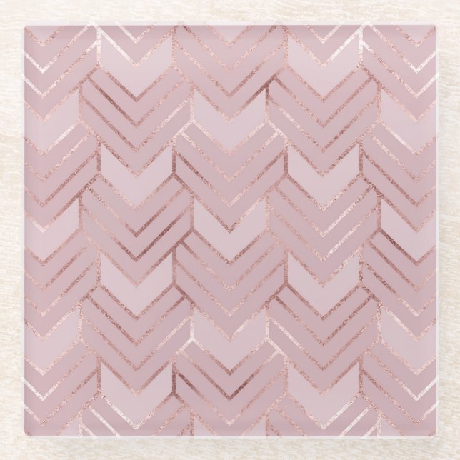 Posavasos De Vidrio Corazones con brillo en patrón de oro rosa. (Anverso)