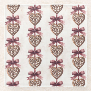 Posavasos De Vidrio Corazones de Bronce Lazos Rojos