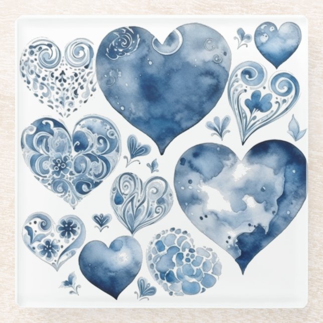 Posavasos De Vidrio Corazones en azul delft (Anverso)