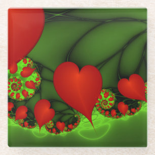 Posavasos De Vidrio Corazones rojos animan el arte fractal verde moder