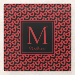 Posavasos De Vidrio Corazones rojos y negros Personalizado Monograma 