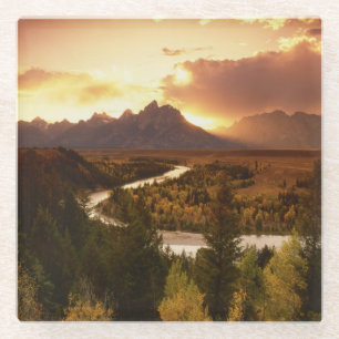 Posavasos De Vidrio Cordillera Teton al atardecer, desde el río Snake