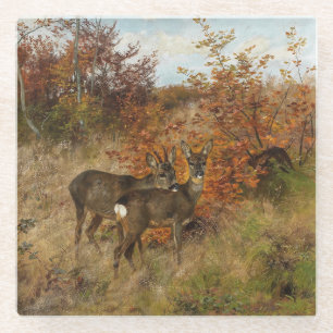 Posavasos De Vidrio Corzo con Hojas de Otoño Fauna Silvestre Vintage