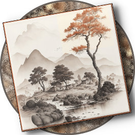 Posavasos De Vidrio COSTA DE VIDRIO - Un pueblo, Árbol rojo y montañas