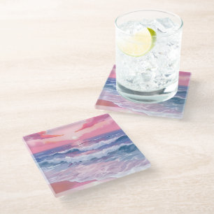 Posavasos De Vidrio Costa del Océano de Playa Rosa Pintada
