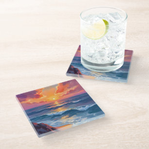 Posavasos De Vidrio Costa Dorada Pintura en Acuarela de la Puesta de