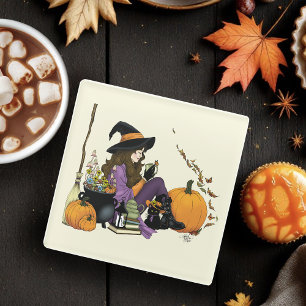 Posavasos De Vidrio Cosy Witch Vibes Halloween Pumpkins Purple