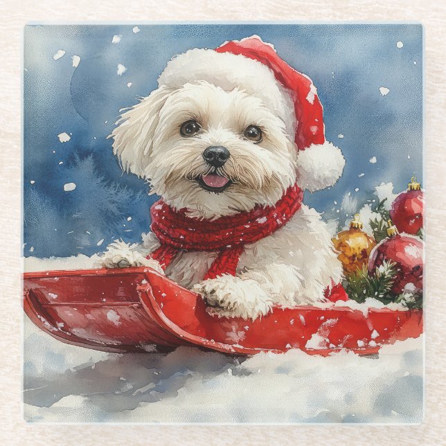 Posavasos De Vidrio Coton De Tulear en Sledge Let it Snow Navidades (Anverso)