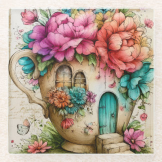 Posavasos De Vidrio Cottage de Taza de Té Floral Caprichoso