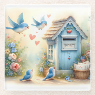Posavasos De Vidrio Cottagecore Cartas de Amor Buzón de Pájaro Azul