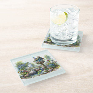 Posavasos De Vidrio Cottagecore Pajarera Jardín Acuarela
