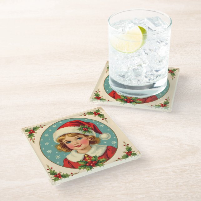 Posavasos De Vidrio Cozy Christmas Victorian Cute Girl (Angular)