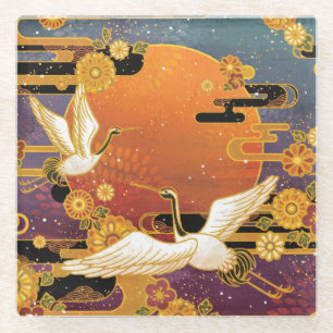 Posavasos De Vidrio Crane Bird Chrysanthemum Patrón japonés