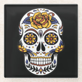 Posavasos De Vidrio Cráneo de azúcar rosa amarillo en negro