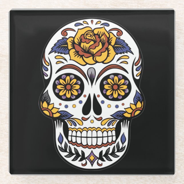 Posavasos De Vidrio Cráneo de azúcar rosa amarillo en negro (Anverso)