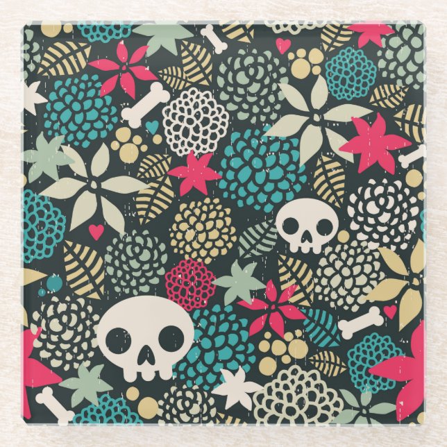 Posavasos De Vidrio Cráneo de flores (Anverso)