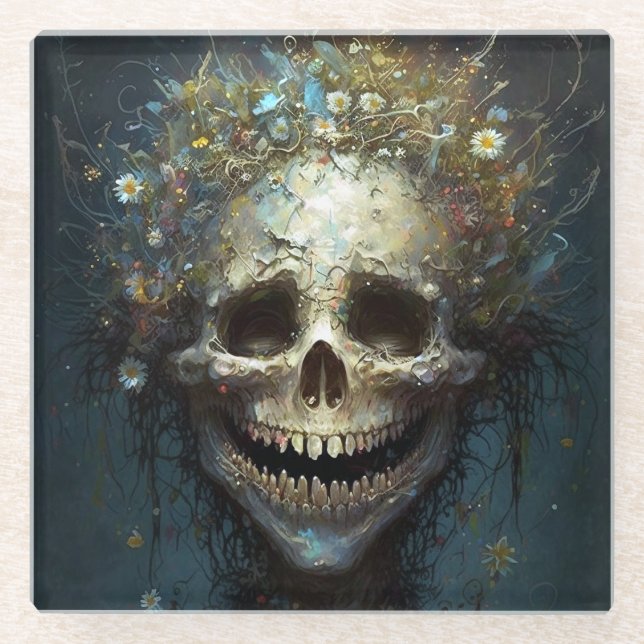 Posavasos De Vidrio Cráneo espeluznante Gótico Oscuro Fantasía Art Gla (Anverso)