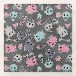 Posavasos De Vidrio Cráneos, y corazones en fondo negro