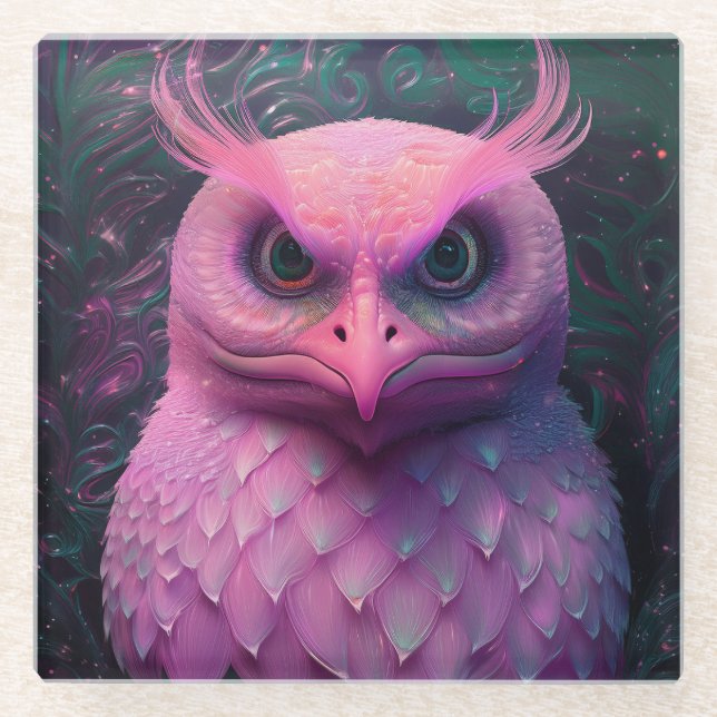 Posavasos De Vidrio Creatividad híbrida de búho/murloc rosado (Anverso)