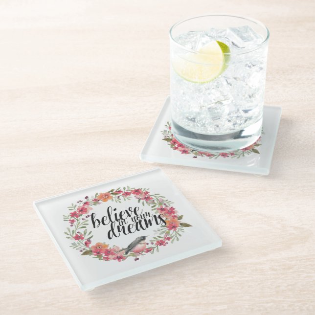 Posavasos De Vidrio Creer en tus sueños Bird Pink Floral (Angular)