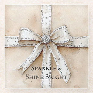Posavasos De Vidrio Crema Plata Blanca Glitzy Glam Bow Cumpleaños