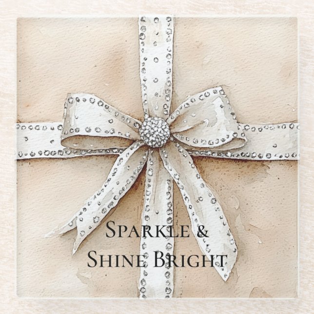 Posavasos De Vidrio Crema Plata Blanca Glitzy Glam Bow Cumpleaños (Anverso)