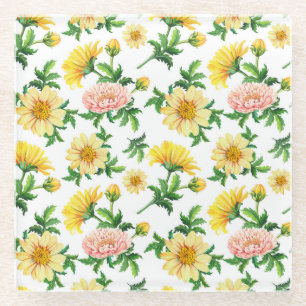 Posavasos De Vidrio Crisantemo acuarela: diseño floral sin foco