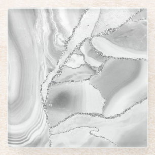 Posavasos De Vidrio Cristal Blanco Plata Brillo Agata Elegante