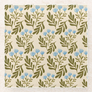 Posavasos De Vidrio Cristal con patrón botánico de color azul estilo v