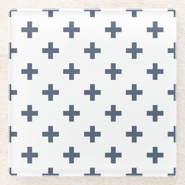 Posavasos De Vidrio Cruces de polka azul-gris sobre blanco (Anverso)