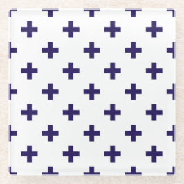 Posavasos De Vidrio Cruces de polka azul marino sobre blanco