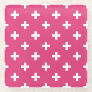 Posavasos De Vidrio Cruces de polka blanca en fucsia