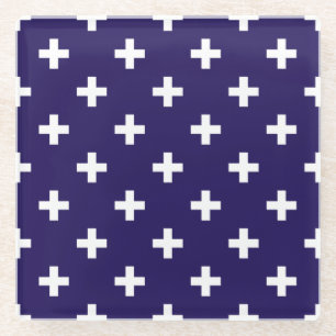 Posavasos De Vidrio Cruces de polka blanco sobre azul marino