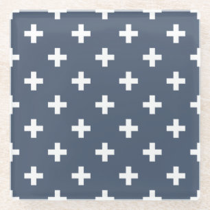 Posavasos De Vidrio Cruces de polka blanco sobre gris azul