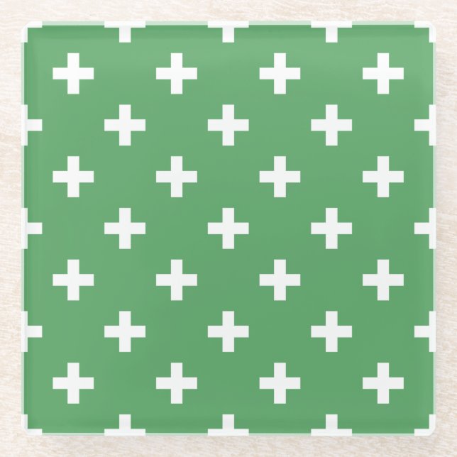 Posavasos De Vidrio Cruces de polka blanco sobre verde (Anverso)