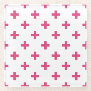 Posavasos De Vidrio Cruces de polka de Fuchsia sobre blanco