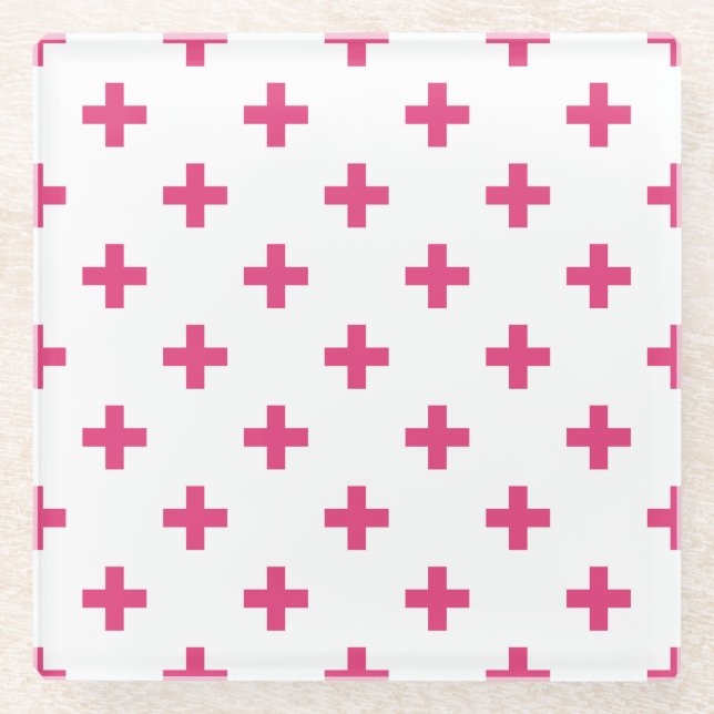 Posavasos De Vidrio Cruces de polka de Fuchsia sobre blanco (Anverso)
