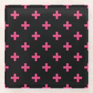 Posavasos De Vidrio Cruces de polka de Fuchsia sobre negro