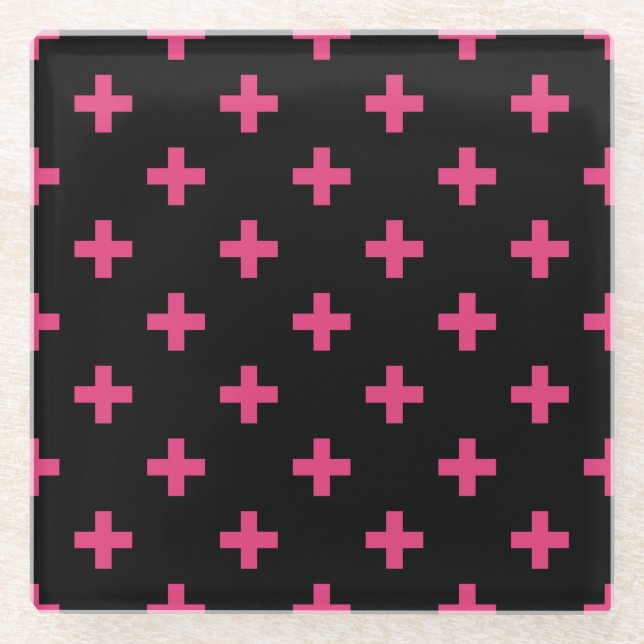 Posavasos De Vidrio Cruces de polka de Fuchsia sobre negro (Anverso)