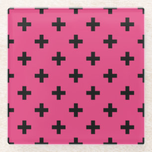 Posavasos De Vidrio Cruces de polka negra en fucsia