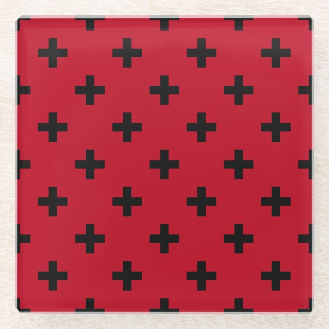 Posavasos De Vidrio Cruces de polka negra en rojo (Anverso)