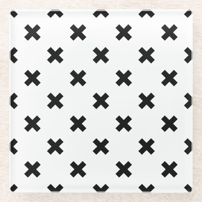 Posavasos De Vidrio Cruces de polka negra sobre blanco (Anverso)