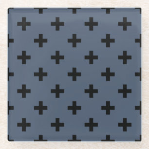 Posavasos De Vidrio Cruces de polka negro sobre gris azul