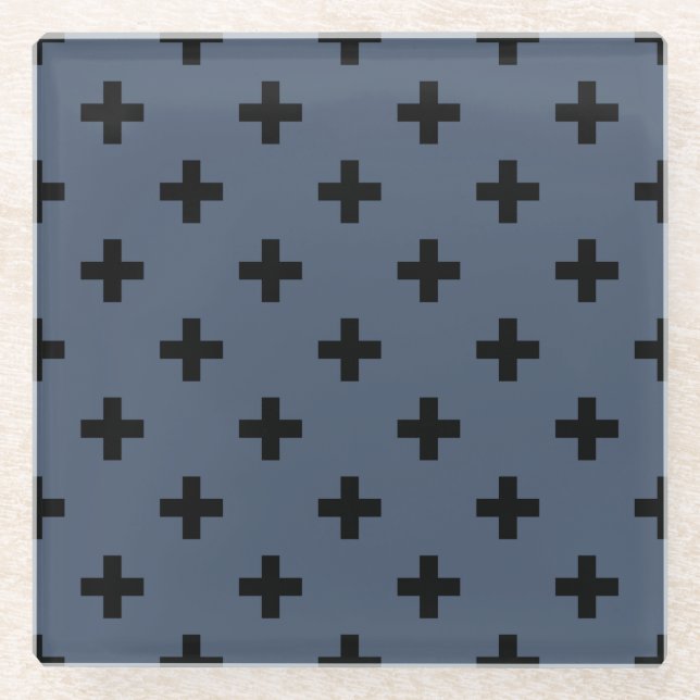 Posavasos De Vidrio Cruces de polka negro sobre gris azul (Anverso)