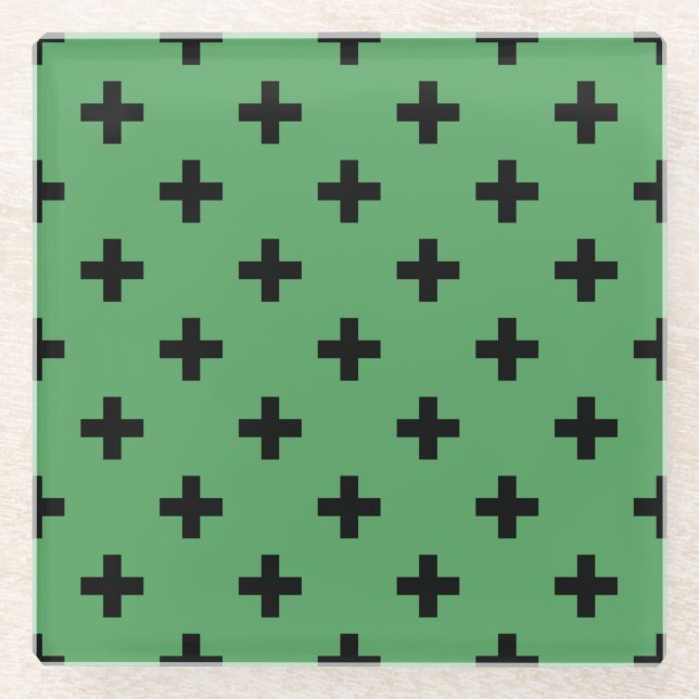 Posavasos De Vidrio Cruces de polka negro sobre verde (Anverso)