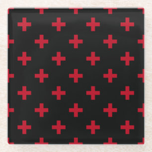 Posavasos De Vidrio Cruces de polka roja sobre negro